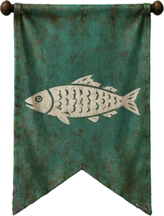 Panji hijau tembaga bergambar ikan haring