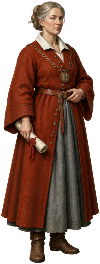 Sunneva Marrenburg bermantel wol merah bata, memegang gulungan piagam bersegel